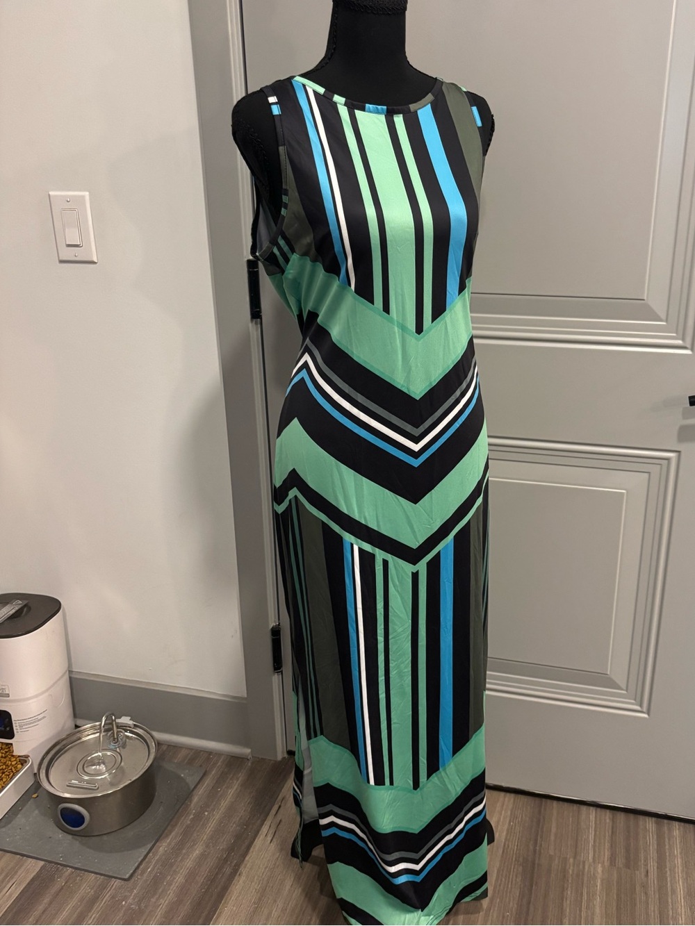 SHEIN Striped Chevron Maxi Dress in Mint, Black & Blue